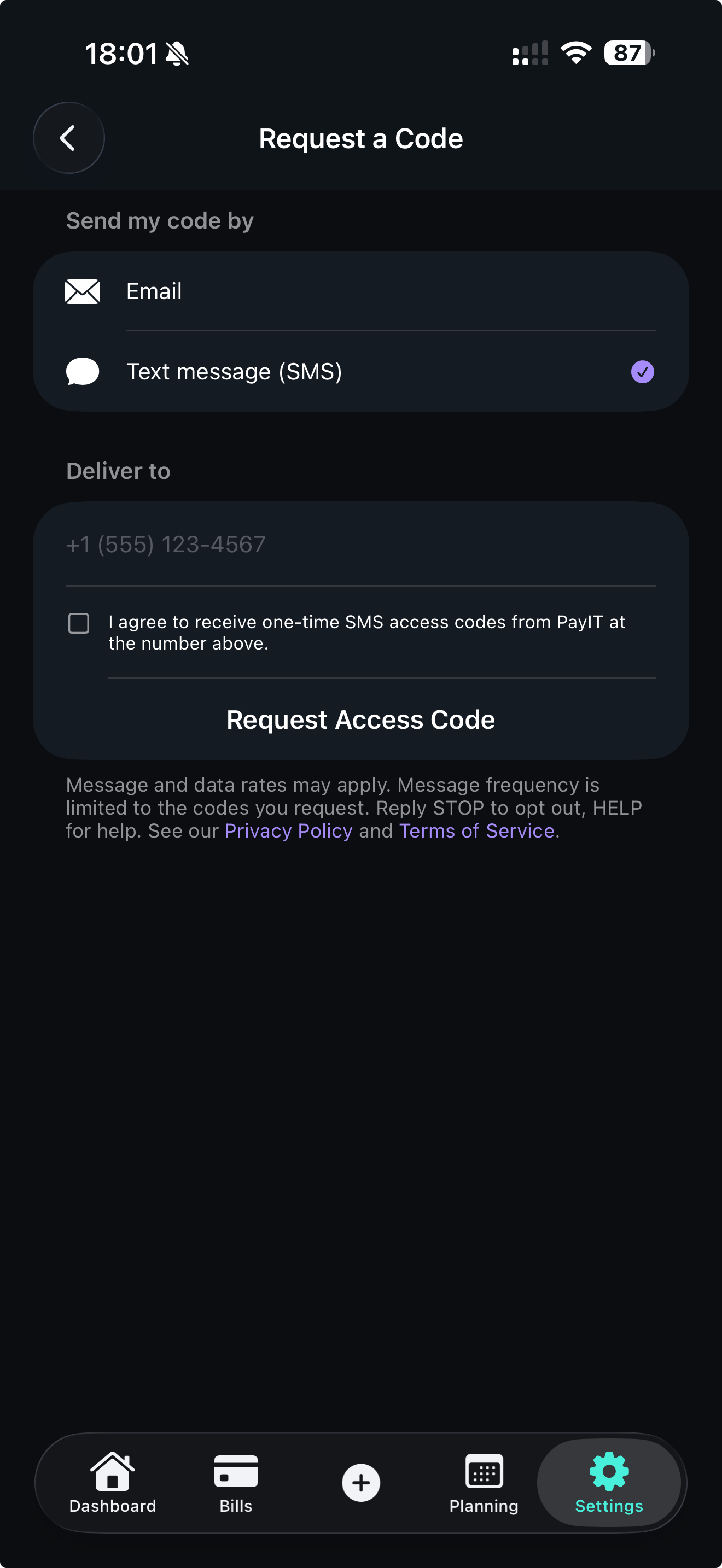 PayIT Request a Code screen: Text message (SMS) selected, a mobile number field, an unchecked-by-default consent checkbox, the Request Access Code button, and the SMS disclosure.